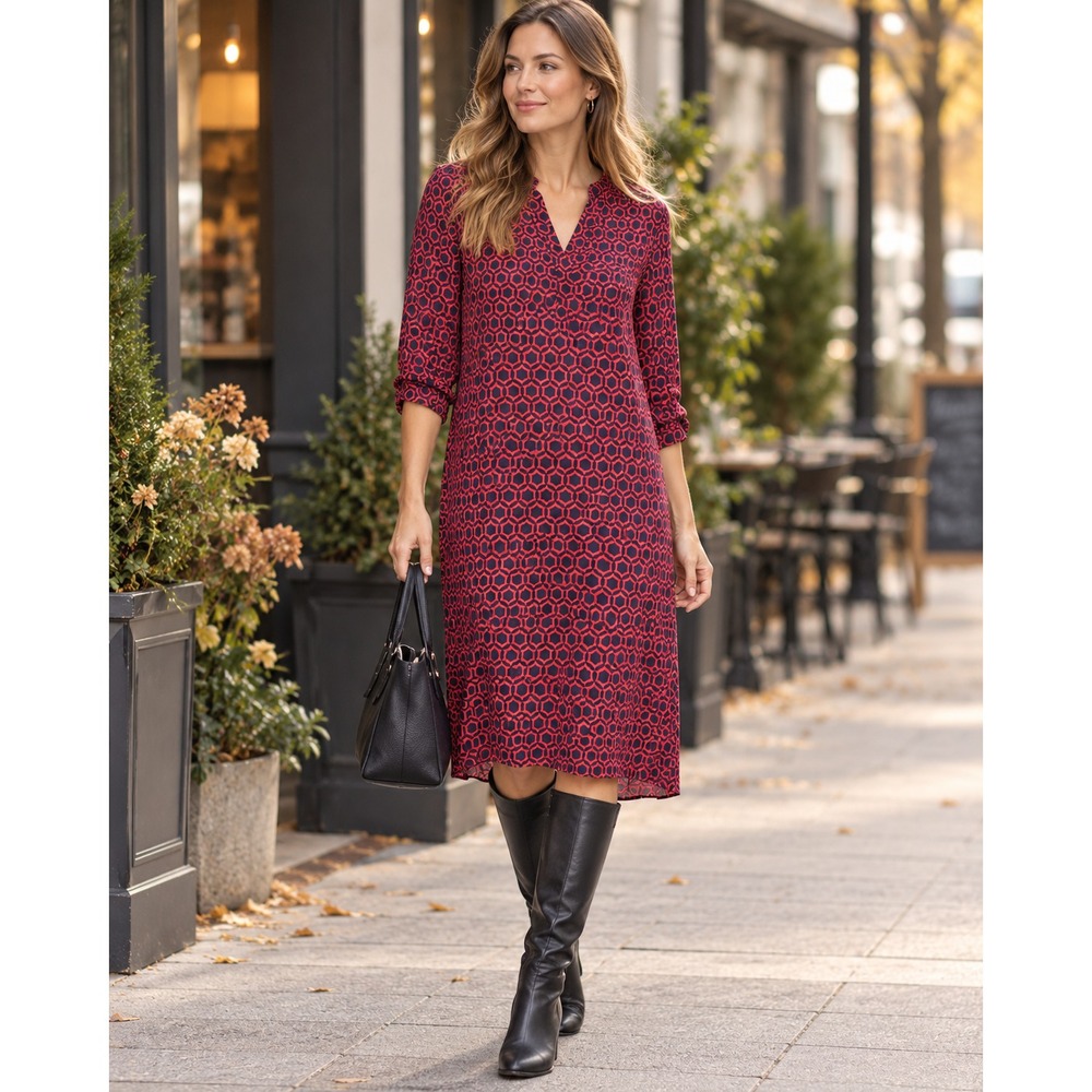 Boden V-Neck Geo Print 3/4 Sleeve Shift Dress Red & Navy Size 10 *Missing Belt*